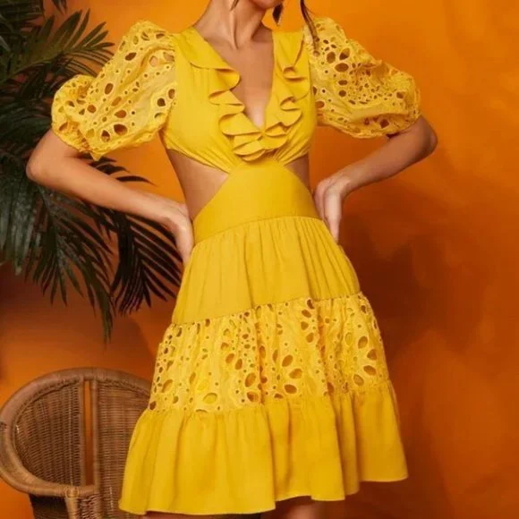 Boho Cut Out Embroidery Eyelet Ruffle Trim Tie Back Dress - Picture 2 of 7